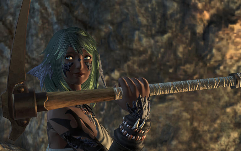 Khav resting her pickaxe on her shoulder